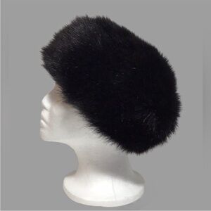 Luxurious Black Faux Fur Pillbox Style Lined Hat Elasticized for Fit